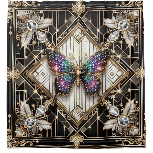 Modern Art Deco Rainbow Butterfly Shower Curtain (Front)