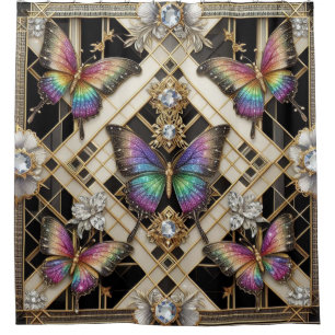 Modern Art Deco Rainbow Butterfly Shower Curtain