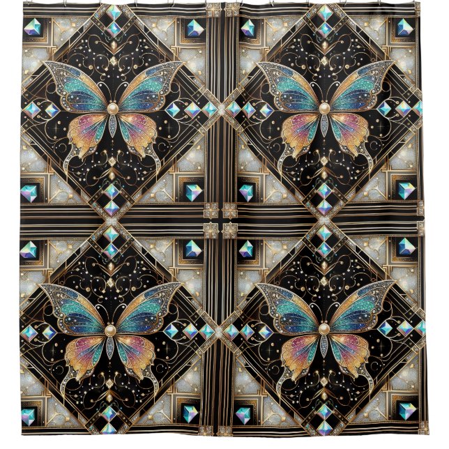 Modern Art Deco Rainbow Butterfly Shower Curtain (Front)