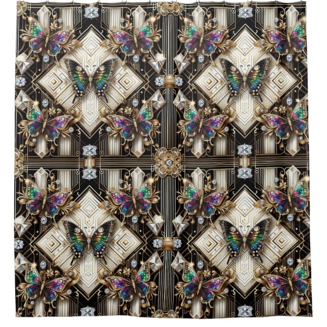 Modern Art Deco Rainbow Butterfly Shower Curtain (Front)