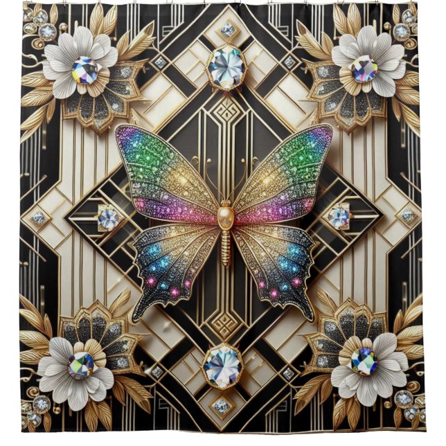 Modern Art Deco Rainbow Butterfly Shower Curtain (Front)