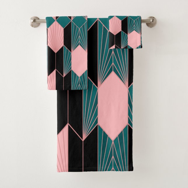 Modern Art Deco Style Pink and Teal Bath Towel Set (Insitu)