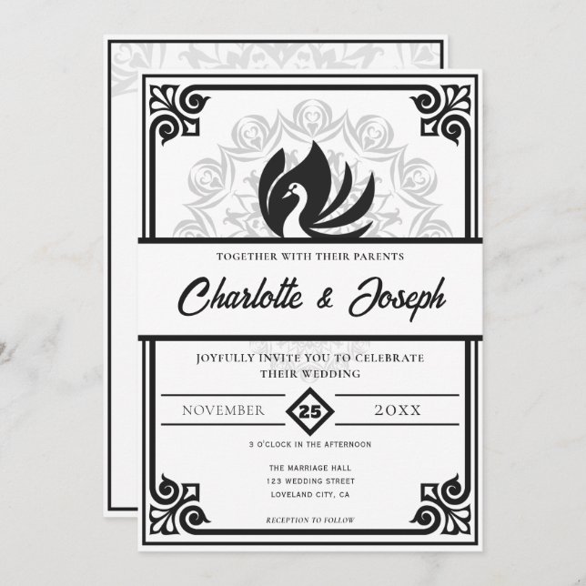 Modern Art Deco Swan Black and White Wedding Invitation (Front/Back)