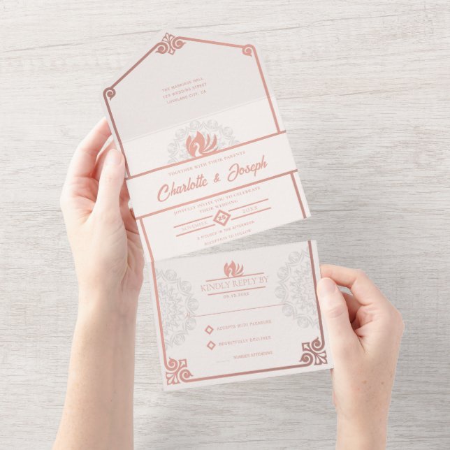 Modern Art Deco Swan Blush Rose Pink Wedding All In One Invitation (Tearaway)