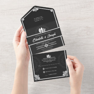 Modern Art Deco Swan White and Black Wedding All In One Invitation