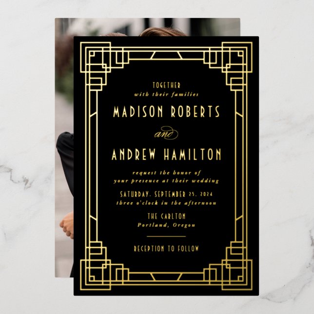 Modern Art Deco Wedding Black and Gold (Front/Back)