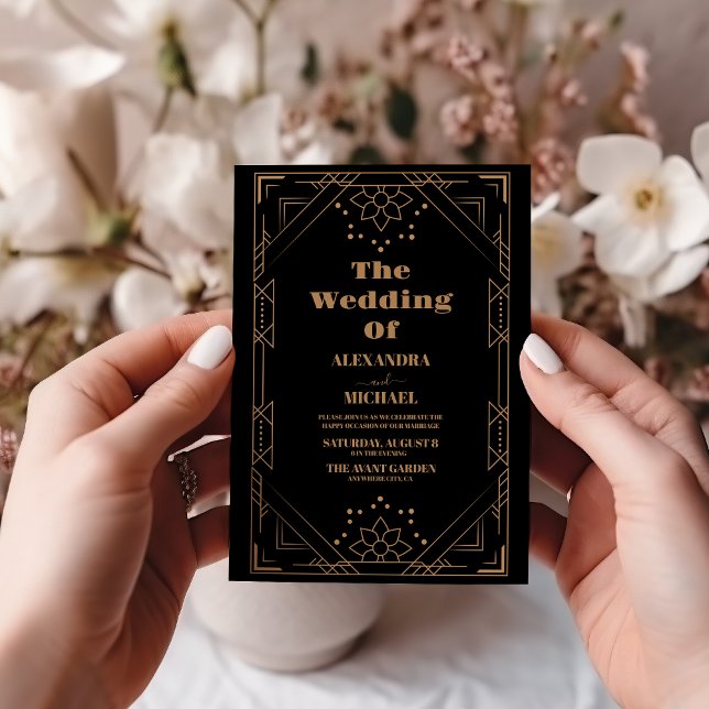 Modern Art Deco Wedding Black and Gold Invitation (Creator Uploaded)