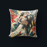 Modern Art Deco Wedding Couple Illustration Cushion<br><div class="desc">This striking modern Art Deco style illustration captures the romantic moment between a bride and groom on their wedding day. The artwork combines bold geometric shapes, expressive color splashes, and elegant vintage influences to create a dramatic and stylish composition full of movement and emotion. The design features a newlywed couple...</div>