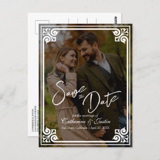 Modern Art Deco White Peacock Photo Save The Date Postcard