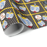 Modern Art Dreidel Gone Dotty Wrapping Paper<br><div class="desc">Fun & truly unique roll of glossy gift wrap features Jewbilee's original dreidel design that's just dotty for polka dots & bold primary colours & exclamations of "Let's Play Dreidel" all set on a background of white polka dots on black plus a taxi yellow grid. For kids, grown-ups, Hebrew School...</div>