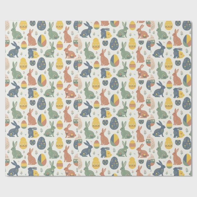 Modern Art Easter Bunny & Floral Egg Pattern Wrap Wrapping Paper (Flat)