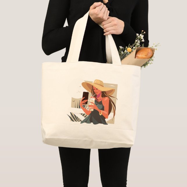 Modern Art Girl With A Hat Large Tote Bag (Front (Product))