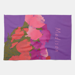Modern Art Happy Colourful Flowers +Custom Name Tea Towel