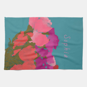Modern Art Happy Colourful Flowers +Custom Name Tea Towel