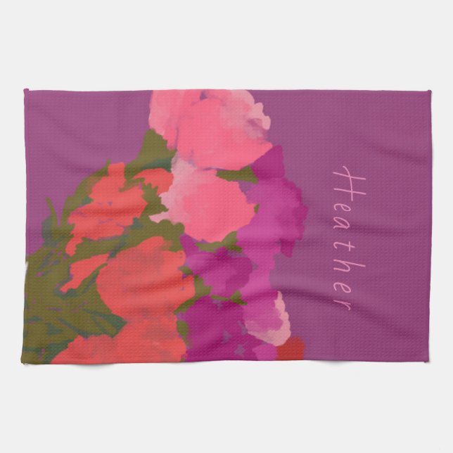 Modern Art Happy Colourful Flowers +Custom Name Tea Towel (Horizontal)