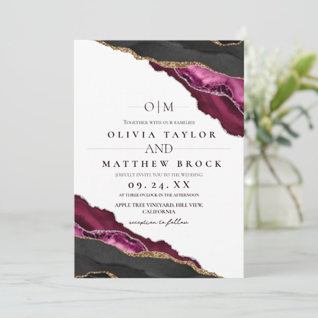 Modern Art Maroon Black and White Agate Wedding Invitation (Standing Front)