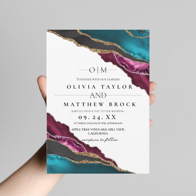Modern Art Maroon Grey Turquoise Agate Wedding Invitation (Creator Uploaded)
