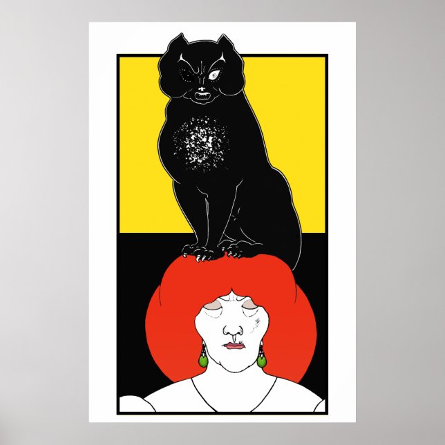 Modern Art Nouveau Beardsley Black Cat Goth Yellow Poster (Front)