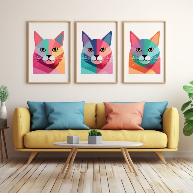Modern art poster with a colourful Cat 1  (1 of a series of 3 available cat posters)