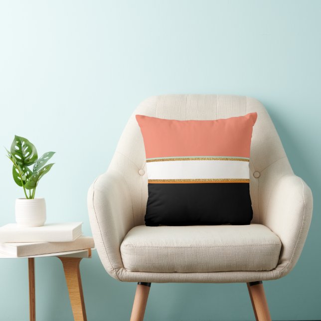 Modern Art Print Lines and Gold | Peach and Black Cushion (Chair)