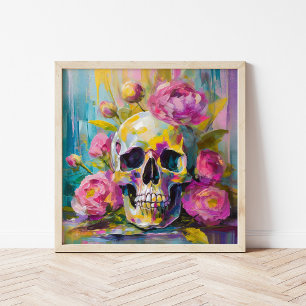 Modern Art Still Life Abstract Skull and Flowers Poster