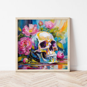 Modern Art Still Life Abstract Skull and Flowers Poster
