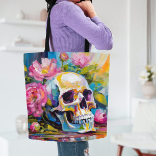 Modern Art Still Life Abstract Skull and Flowers Tote Bag