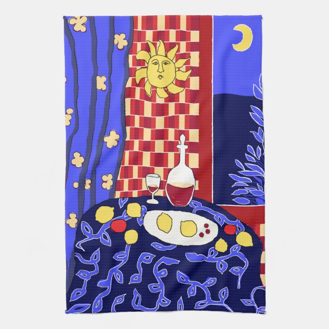 Modern Art Still Life with Lemons and Wine  Tea Towel (Vertical)