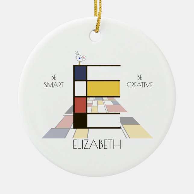 Modern Art Style Monogram. Letter E Ceramic Tree Decoration (Front)