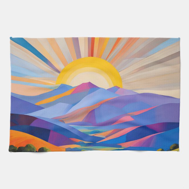 Modern Art Sunrise Over Hills With House And Trees Tea Towel (Horizontal)