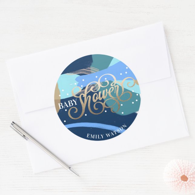 Modern Art Surprise Boy Gold Lettering Baby Shower Classic Round Sticker (Envelope)