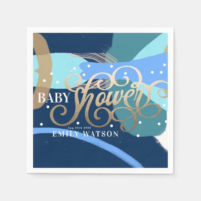 Modern Art Surprise Boy Gold Lettering Baby Shower Napkin (Front)