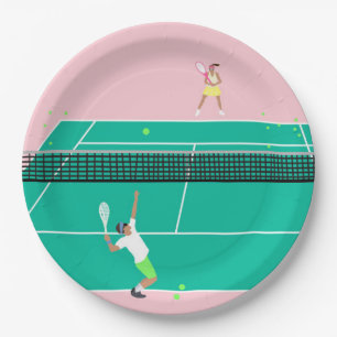 Modern Art Tennis Match Player Pink Green Paper Plate