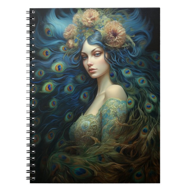 Modern Art with Woman and Peacock Feathers Notebook (Front)