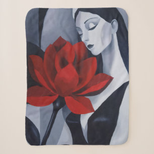 Modern Art Woman with Red Rose Cosy Fleece Blanket