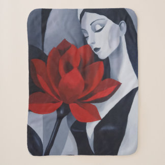 Modern Art Woman with Red Rose Cosy Fleece Blanket