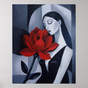 Modern Art Woman with Red Rose Flower Noir Portrai Poster