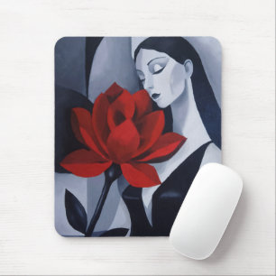 Modern Art Woman with Red Rose Mouse Pad
