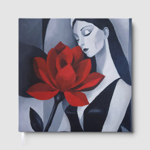 Modern Art Woman with Red Rose Square Guestbook