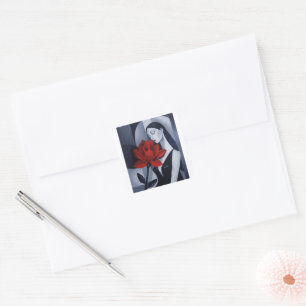 Modern Art Woman with Red Rose Square Sticker