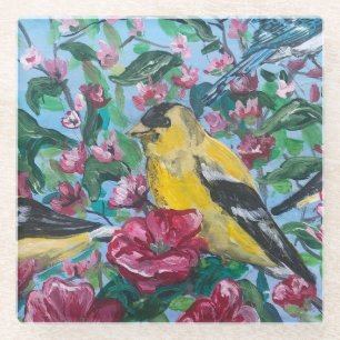 Modern Art YELLOW Finch Red Floral Glass Coaster
