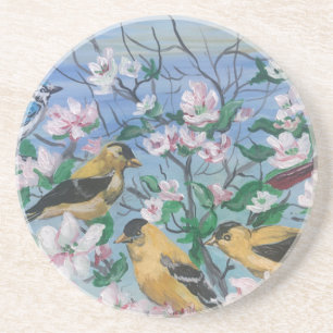  Modern Art YELLOW FINCH White Floral Coaster