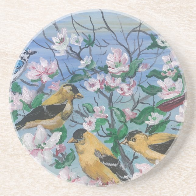 Modern Art YELLOW FINCH White Floral Coaster (Front)