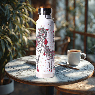 Modern Art Zebras Mother Babies Red Snowflakes Water Bottle