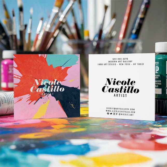 Modern artist orange abstract art paint minimalist square business card (Modern artist orange abstract art paint minimalist)