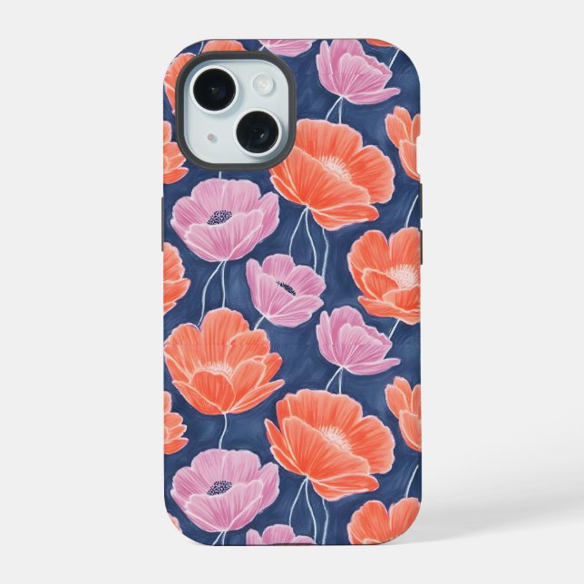 Modern Artistic Coral Pink Poppies Floral iPhone 15 Case (Back)