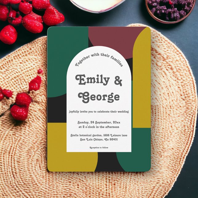 Modern Artistic Green Burgundy Abstract Wedding Invitation (Creator Uploaded)