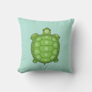 Modern Artistic Green Tortoise on Light Teal Cushion