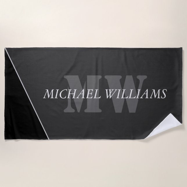 Modern Artistic Grey Black Monogram Beach Towel (Front)