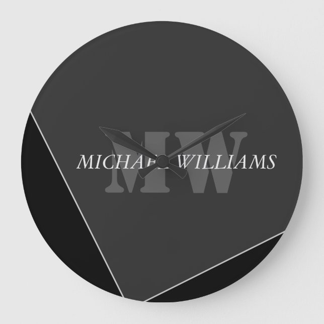 Modern Artistic Grey Black Monogram Large Clock (Front)